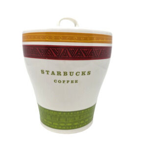 Vintage Starbucks 2005 Coffee Ceramic Canister Red Green Gold White 6” Lid